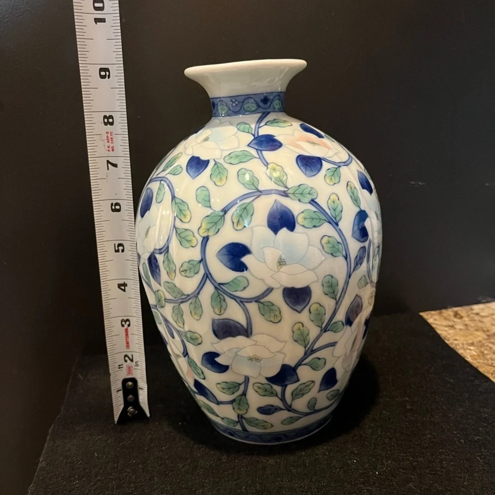 Vintage Maebata Japan Lotus Floral Andrea by Sadek Blue and White Vase